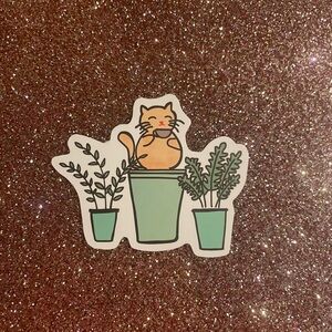 Cat Drinking Tea with Plants Sticker